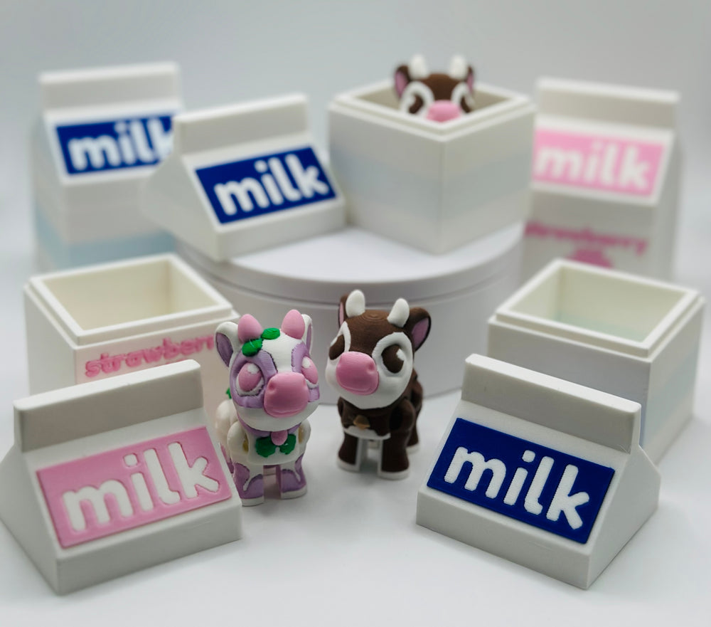 Mini Moo Crew- Tiny 3D Printed Cows with Matching Milk Crate
