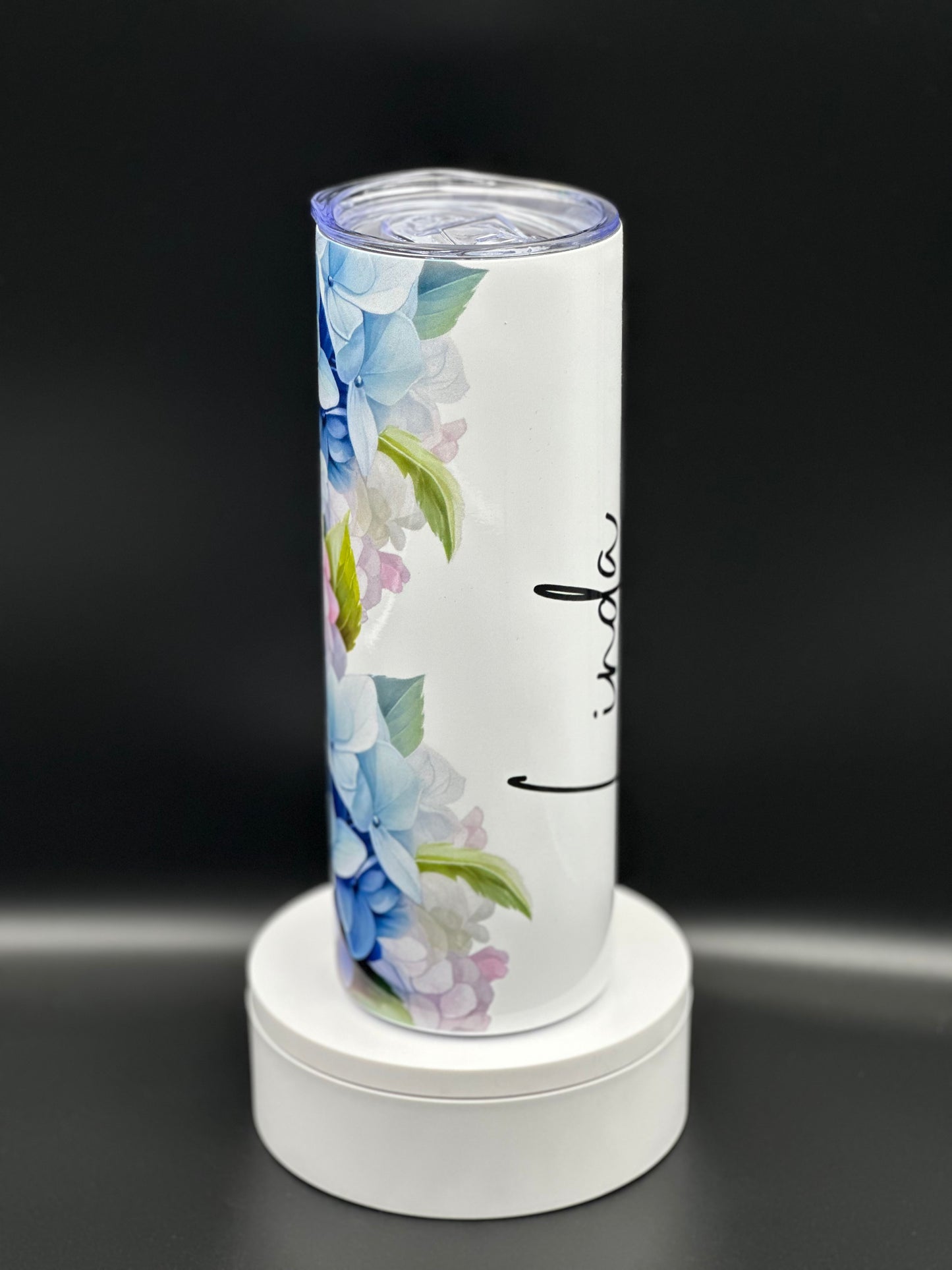 Personalized With Hydrangeas 20 Ounce Skinny Tumbler