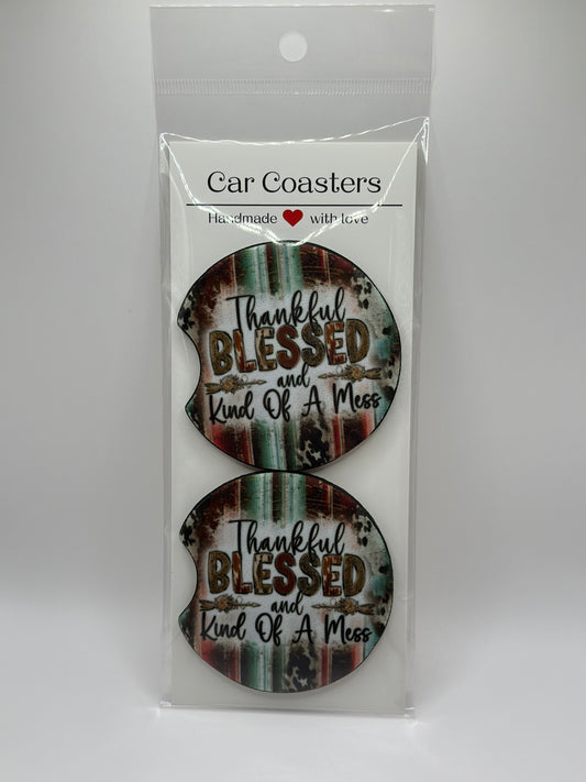 Thankful Blessed and Kind of a Mess Neoprene Neoprene Car Coasters